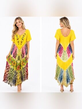 Vibrant Yellow Floral Tie-Dye Maxi Dress
